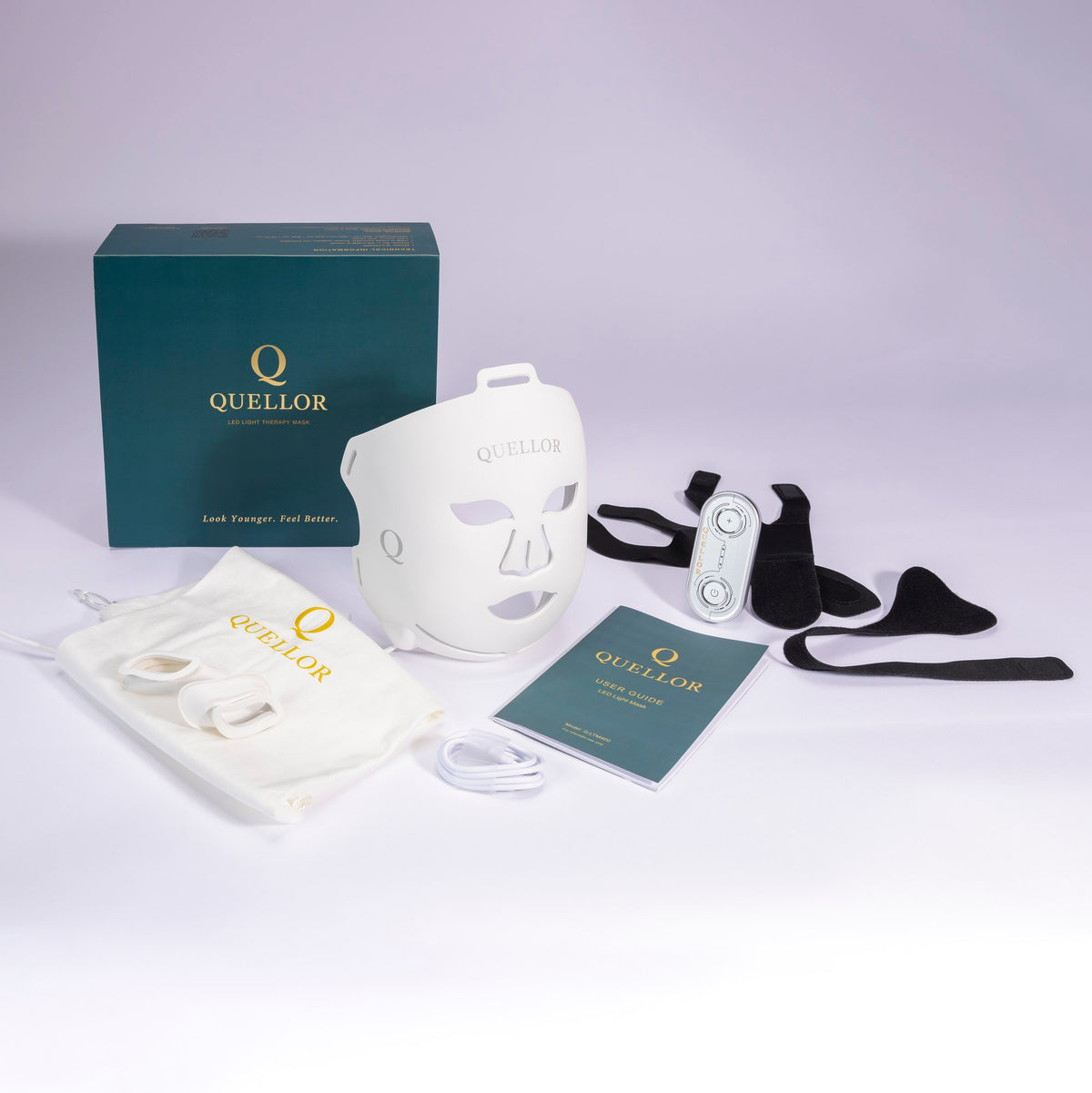 Quellor LED light therapy mask package contents arranged with the mask, remote controller, adjustable straps, USB-C charging cable, eye protectors, storage pouch, user guide and presentation box